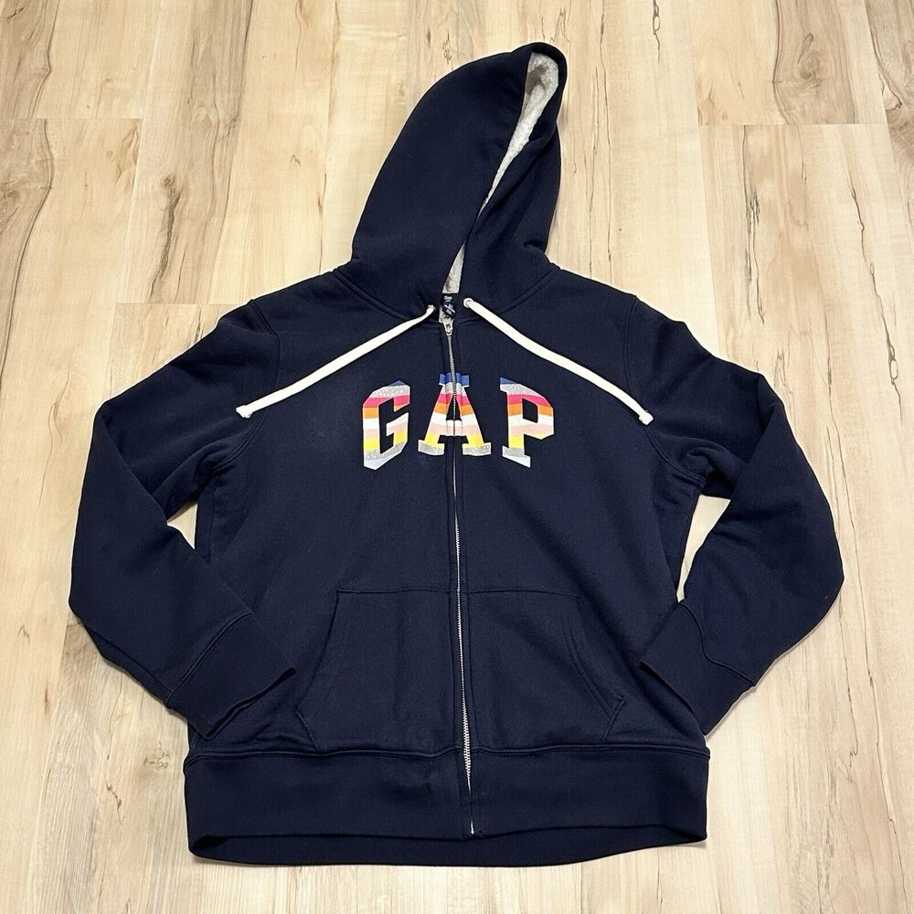 GAP Women Large Thick Fleece-Lined Zipper Jacket Hoodie‎ GAP Spellout Navy Blue